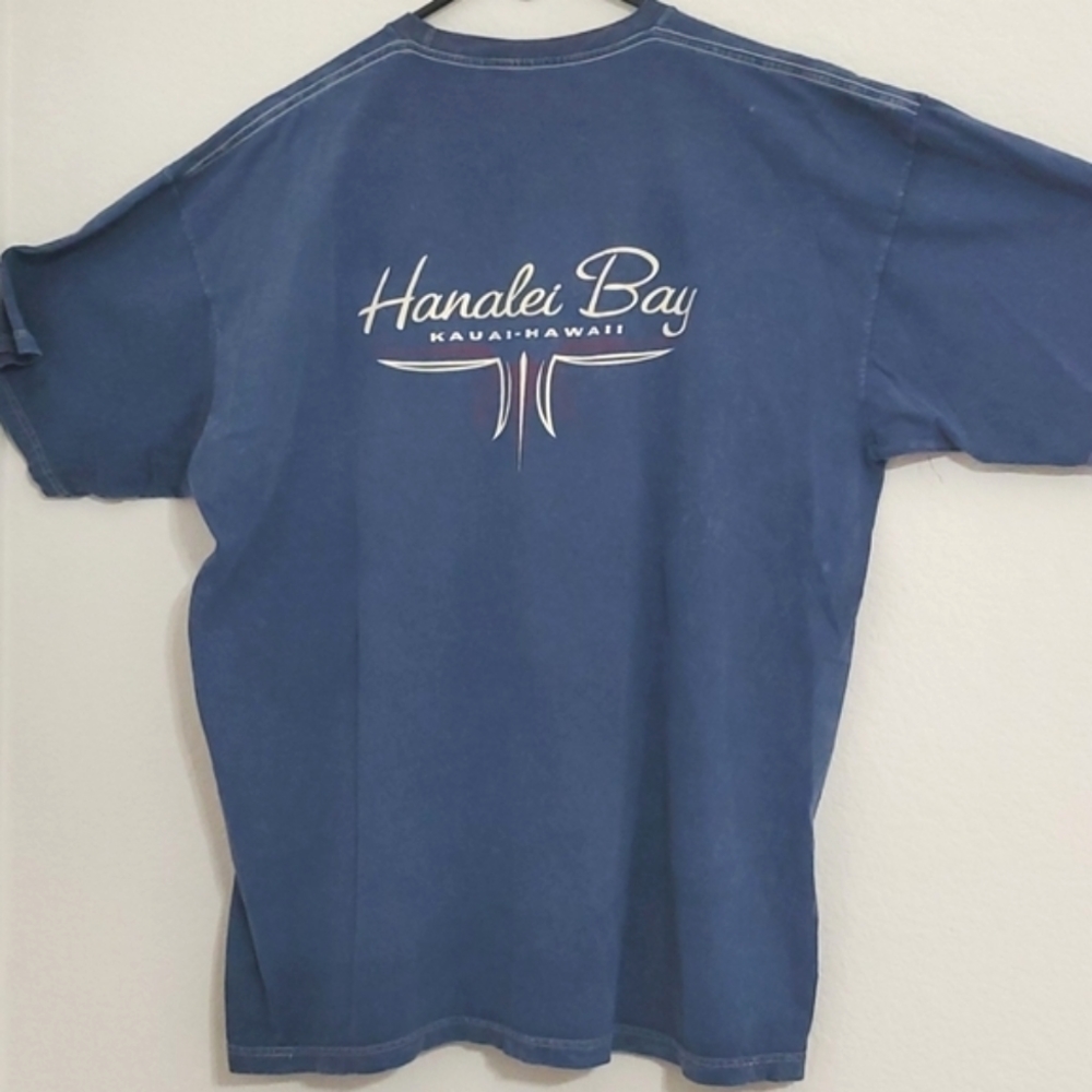 HANALEI BAY Distress denim blue short sleeve graphic tee Kaua'i XL Aloha Islands